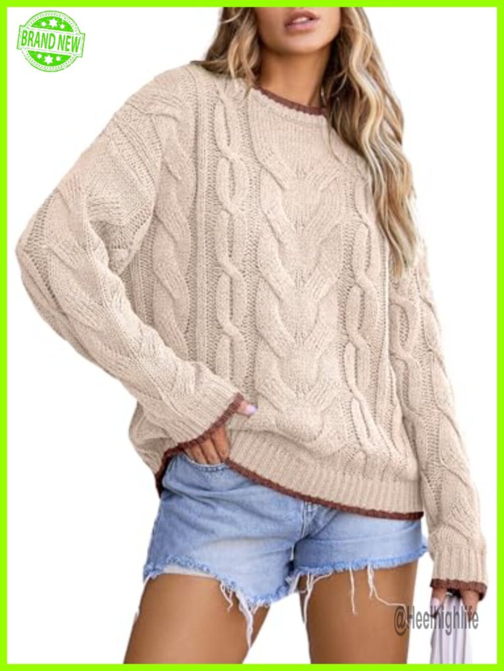 Cable Knit Chunky Pullover Sweater Crewneck Loose Fit Womens
